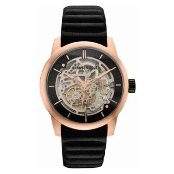 Kenneth Cole Men's Skeleton Dial Black Leather Watch - Picture 1 of 6
